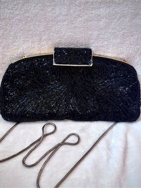 Vintage La Regale Black Beaded Evening Bag Clutch Purse Formal Chain Strap
